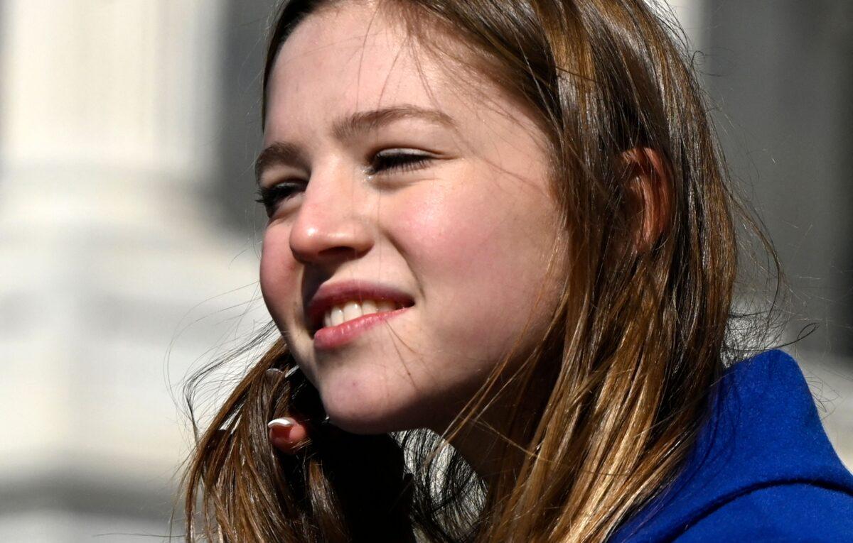 Rebekah Bruesehoff, a transgender student athlete, speaks during a press conference outside the Capitol in Washington on March 8, 2023. (Olivier Douliery/AFP via Getty Images)