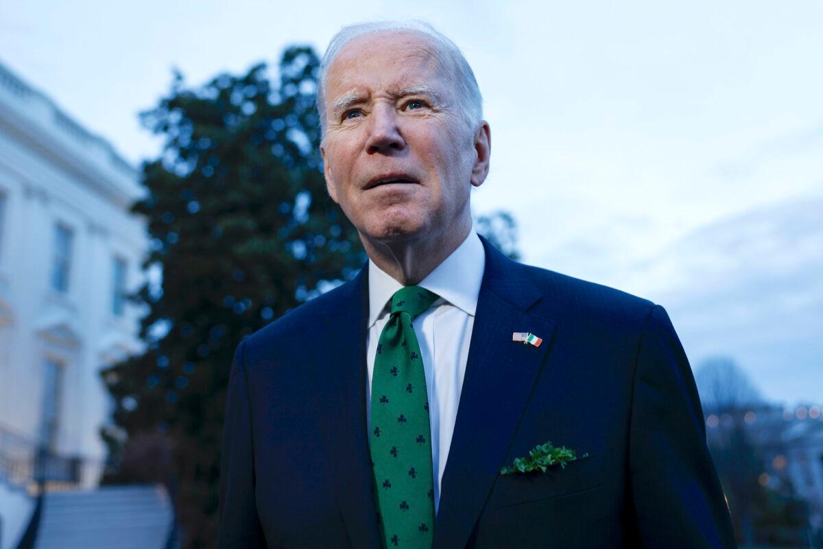 President Joe Biden speaks with reporters before departing from the South Lawn of the White House on Marine One in Washington on March 17, 2023. (Anna Moneymaker/Getty Images)