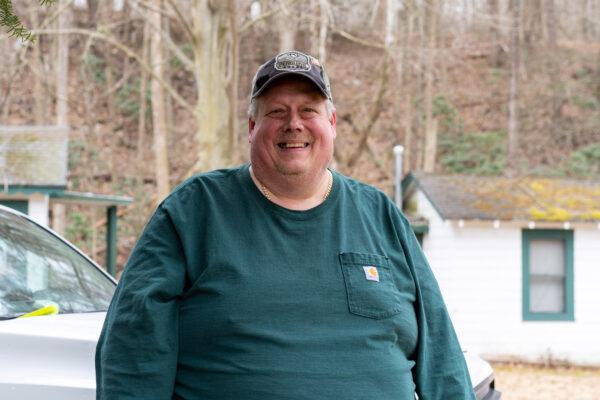Bill Whetsel at the site of the future veteran village on Main Street in Port Jervis, N.Y., on March 17, 2023. (Cara Ding/The Epoch Times)