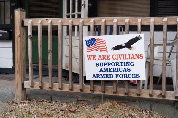 A sign supporting veterans on the property of the future veteran village on Main Street in Port Jervis, N.Y., on March 17, 2023. (Cara Ding/The Epoch Times)