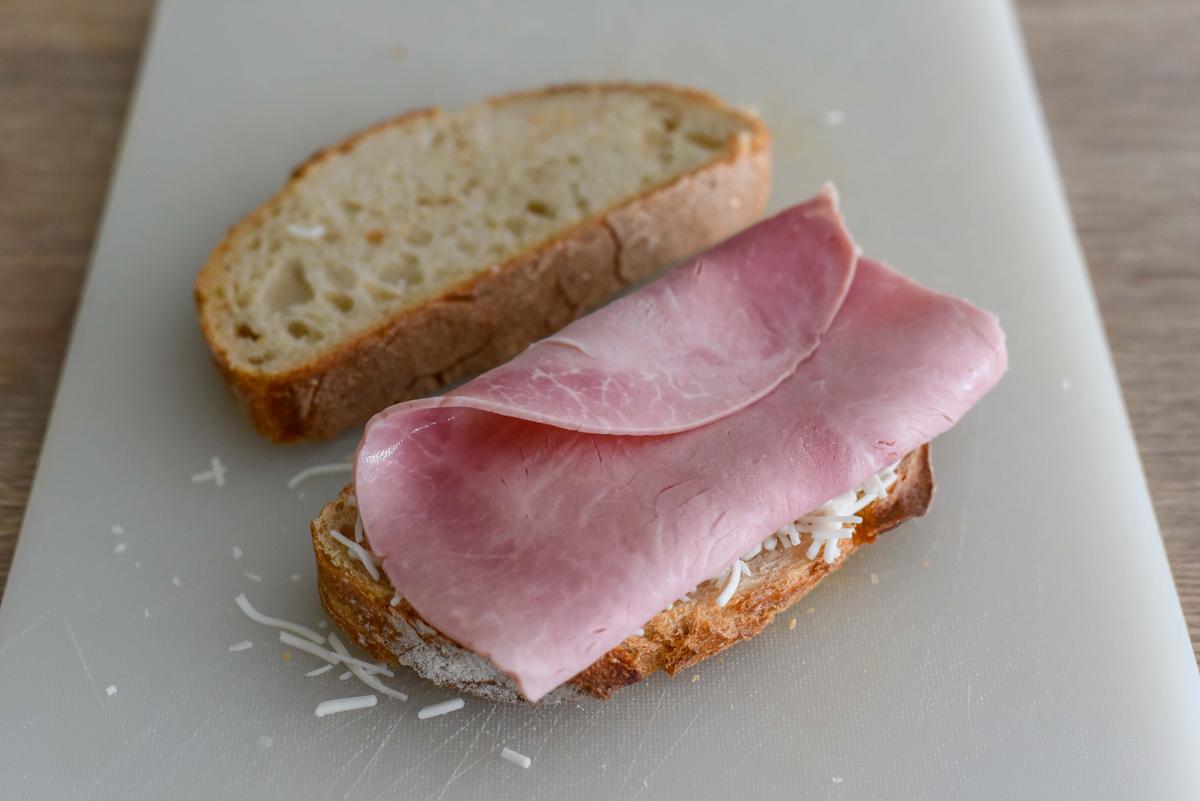 Paris ham is lean, unsmoked, mild-flavored, and complements the hard mountain cheeses in this French sandwich. (Audrey Le Goff)