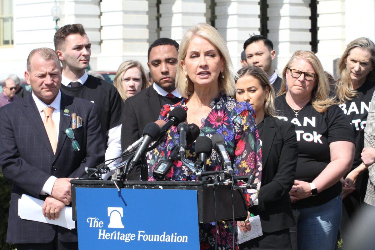 Rep. Mary Miller (R-Ill.) speaks against TikTok in Washington on March 23, 2023. (Richard Moore/The Epoch Times)