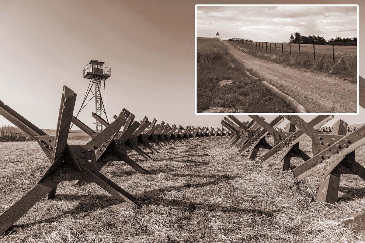 The Iron Curtain along the border of what is now Czechia. (Karl Allen Lugmayer/Shutterstock); Inset: This image has been color corrected. (<a href="https://commons.wikimedia.org/wiki/File:%C4%8C%C3%AD%C5%BEov_%28Zaisa%29_-_preserved_part_of_Iron_curtain.JPG">Pudelek</a>/CC BY-SA 3.0)