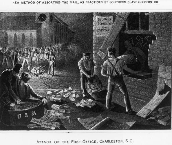 Illustration titled "New method of assorting the mail, as practiced by Southern slave-holders." The sign on the wall offers a "reward for Tappan." Arthur Tappan paid the fine so Garrison could be released from jail. (Fotosearch/Getty Images).