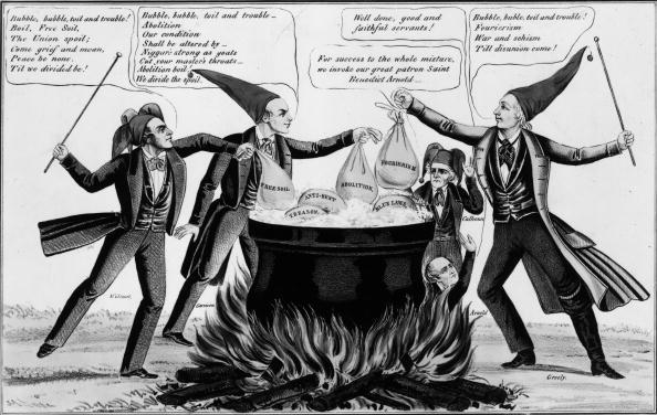 Cartoon criticizing the tendencies of certain individuals to place regional concerns above the Union as a whole. (2nd from left) abolitionist William Lloyd Garrison places his issues into the "hurly-burly pot." Printed by J Baillie. (MPI/Getty Images)