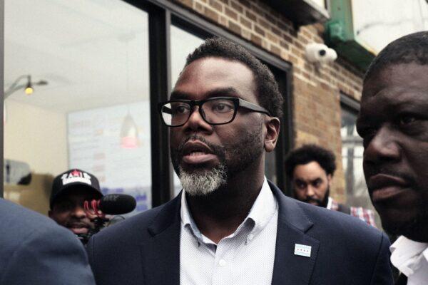 Chicago mayoral candidate Brandon Johnson leaves after campaigning at Manny's Cafeteria & Delicatessen during the mayoral runoff election at Robert Healy Elementary School in Chicago, Ill., on April 4, 2023. (Alex Wroblewski/Getty Images)