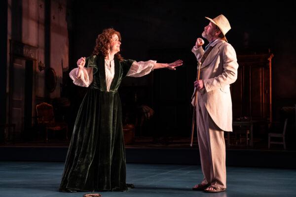 (L–R) Lyubov Ranevskaya (Kate Fry) and Leonid Gayev (Christopher Donahue), in Anton Chekhov’s “The Cherry Orchard.” (Goodman Press)