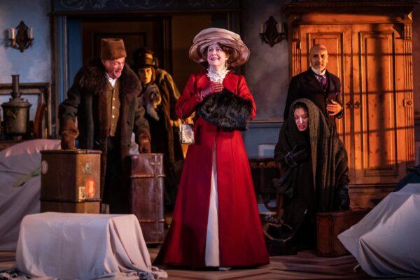 (L—R) Boris Simyonov-Pishchik (Matt DeCaro), Charlotta (Janet Ulrich Brooks), Lyubov Ranevskaya (Kate Fry), Varya (Alejandra Escalante) and Lopakhin (Kareem Bandealy), in Anton Chekhov’s "The Cherry Orchard." (Goodman Press)