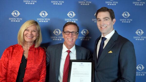 Pennsylvania State Rep. Mike Ramone (center) with his wife Lisa J.F. Ramone (left) and Shen Yun emcee John Perry (right) at the Miller Theater in Philadelphia on April 12, 2023. (NTD)