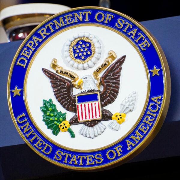 The podium at the State Department in Washington on April 11, 2023. (Madalina Vasiliu/The Epoch Times)