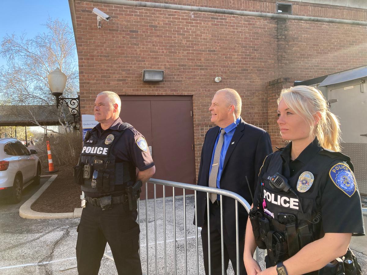 Extra police officers stand guard outside Quaker Station in advance of Florida Gov. Ron DeSantis's speech in Akron, Ohio, on April 13, 2023. (Janice Hisle/The Epoch Times)