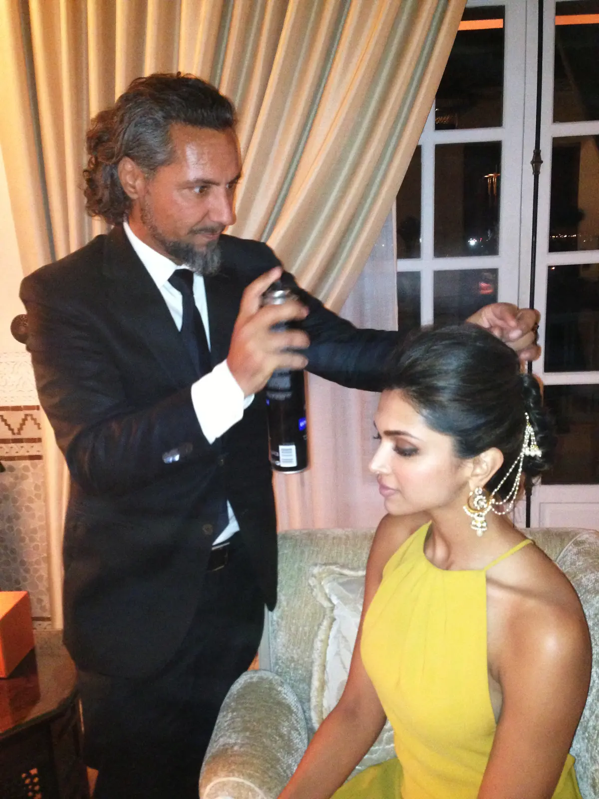 Gabriel Georgiou styling Deepika Padukone's hair for the Marrakesh International Film Festival, an annual film festival held in Marrakech, Morocco. (Courtesy of Gabriel Georgiou)