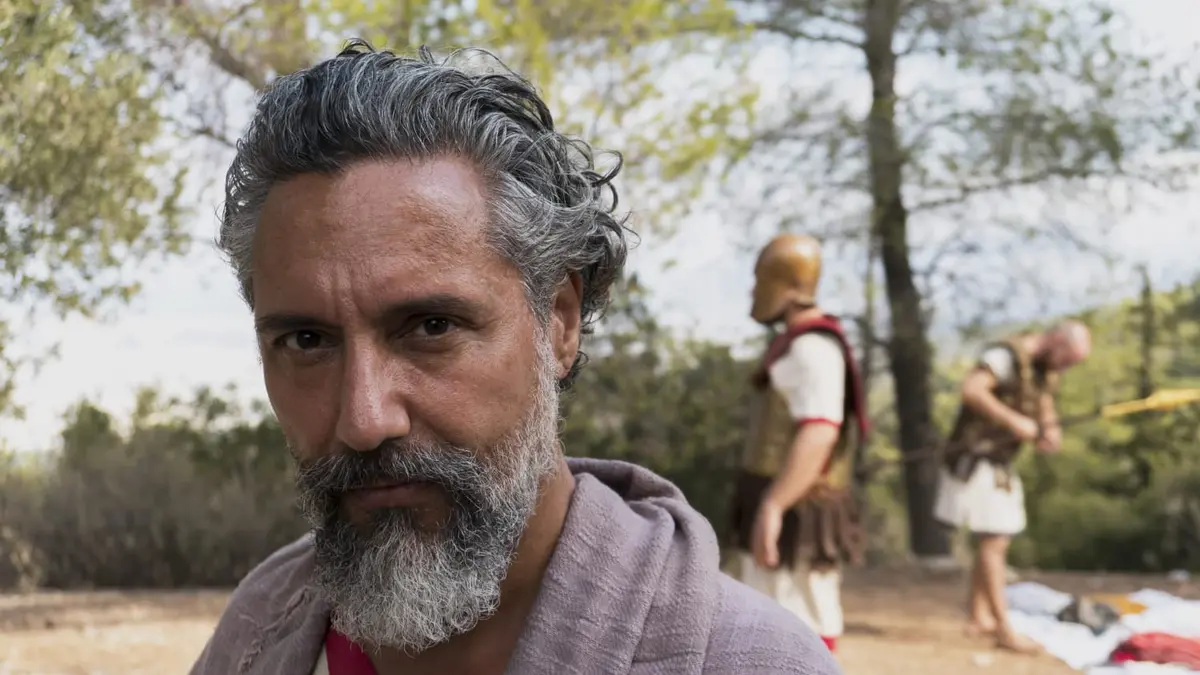 A still from the Epoch TV documentary "Socrates Secrets" in which Gabriel Georgiou played the role of one of the main disciples of Socrates. (Courtesy of Stavros Koutsogiannakis)