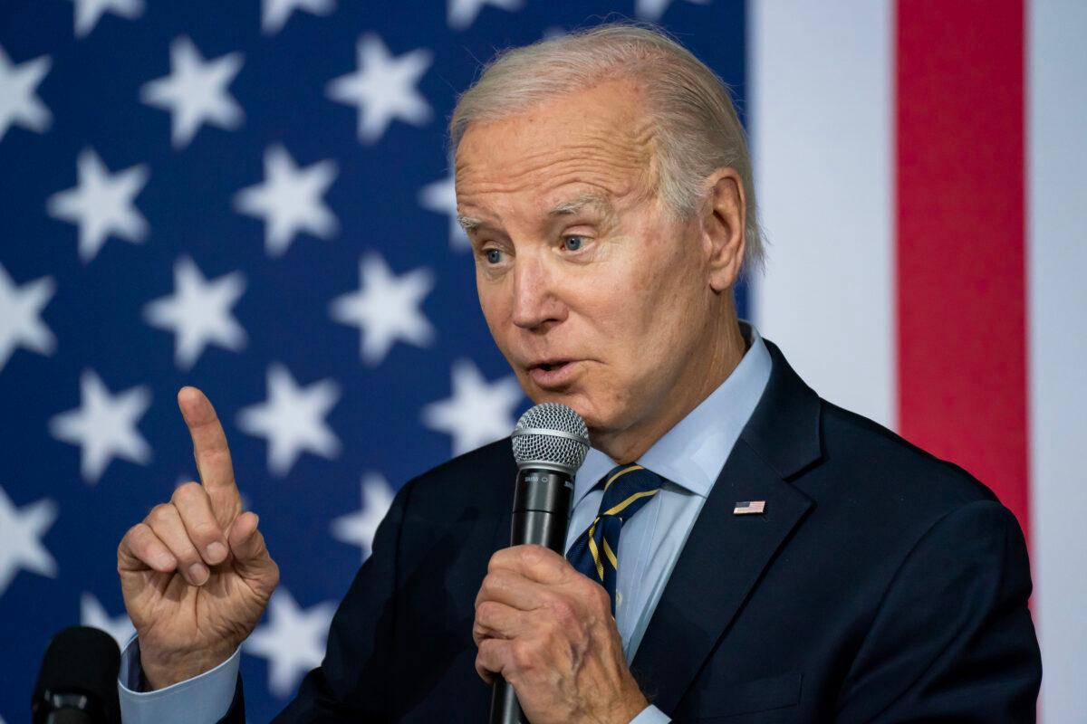 President Joe Biden delivers remarks on the economy at an International Union of Operating Engineers Local 77 union training facility in Accokeek, Md., on April 19, 2023. (Nathan Howard/Getty Images)