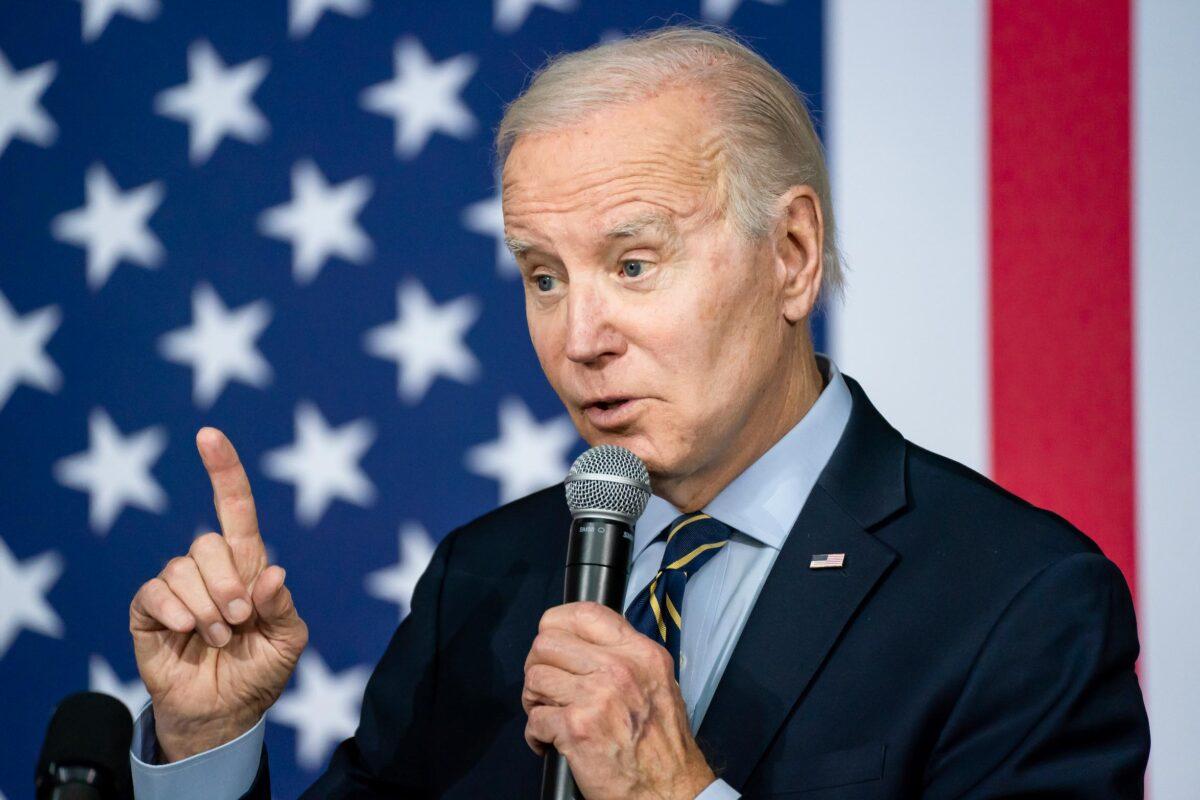 President Joe Biden delivers remarks on the economy at an International Union of Operating Engineers Local 77 union training facility in Accokeek, Md., on April 19, 2023. (Nathan Howard/Getty Images)