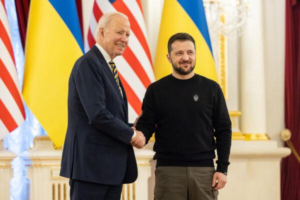 U.S. President Joe Biden meets with Ukrainian President Volodymyr Zelenskyy at the Ukrainian presidential palace in Kyiv on Feb. 20, 2023. (Ukrainian Presidential Press Office via Getty Images)