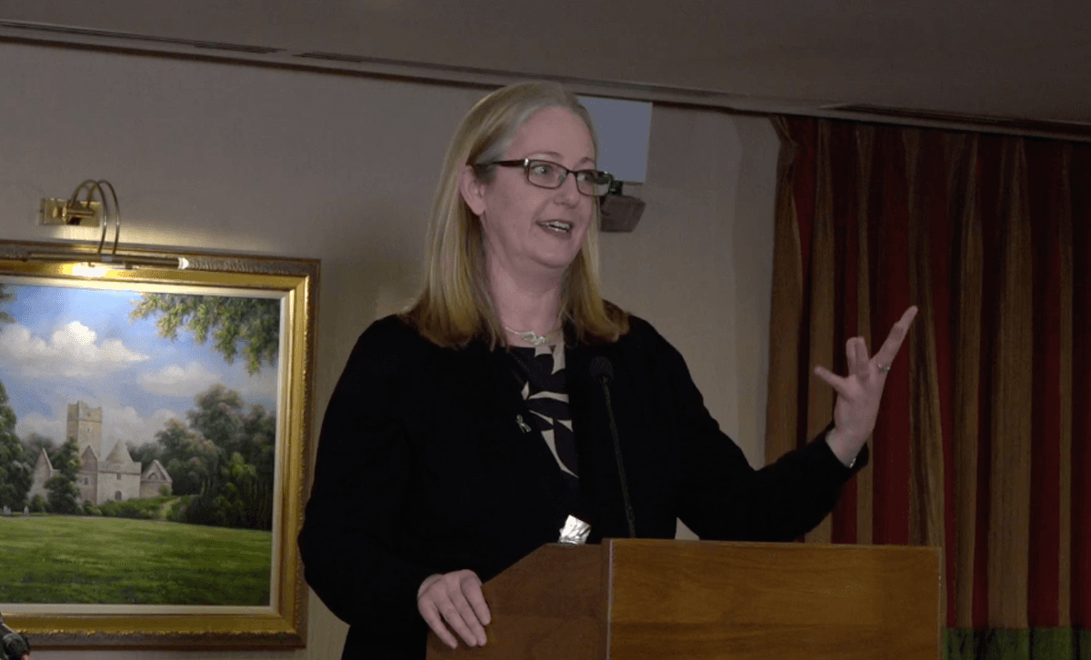 Helen Joyce, keynote speaker, addresses Genspect's first global gathering aimed at challenging prevailing notions about treating people for gender distress, in Killarney, Ireland, on April 27, 2023. (Janice Hisle/The Epoch Times via screenshot of live broadcast)