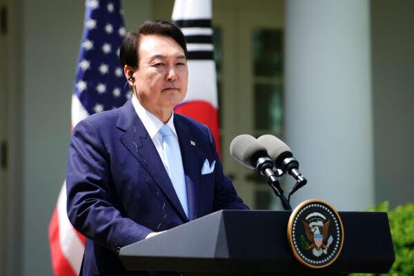 South Korean President Yoon Suk Yeol speaks at a press briefing at the White House garden in Washington on April 26, 2023. (Madalina Vasiliu/The Epoch Times)