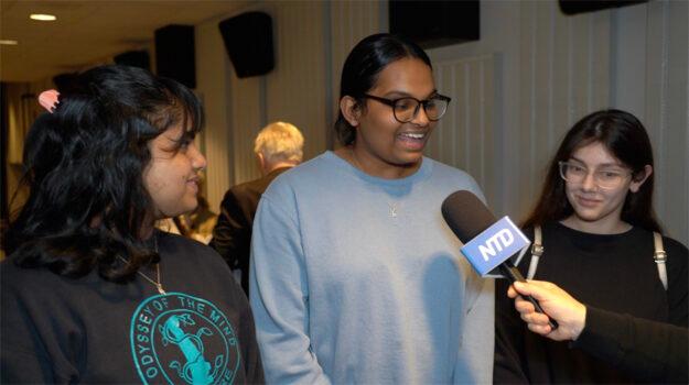 The Rotaract Club at the University of Delaware hosted a film screening of the documentary “Medical Genocide” at Trabant Theater on campus on April 26, 2023. Three club members from left: Monica Elavarthi, Chandana Elavarthi, and Emily Lewie. (Nancy Wang/The Epoch Times)