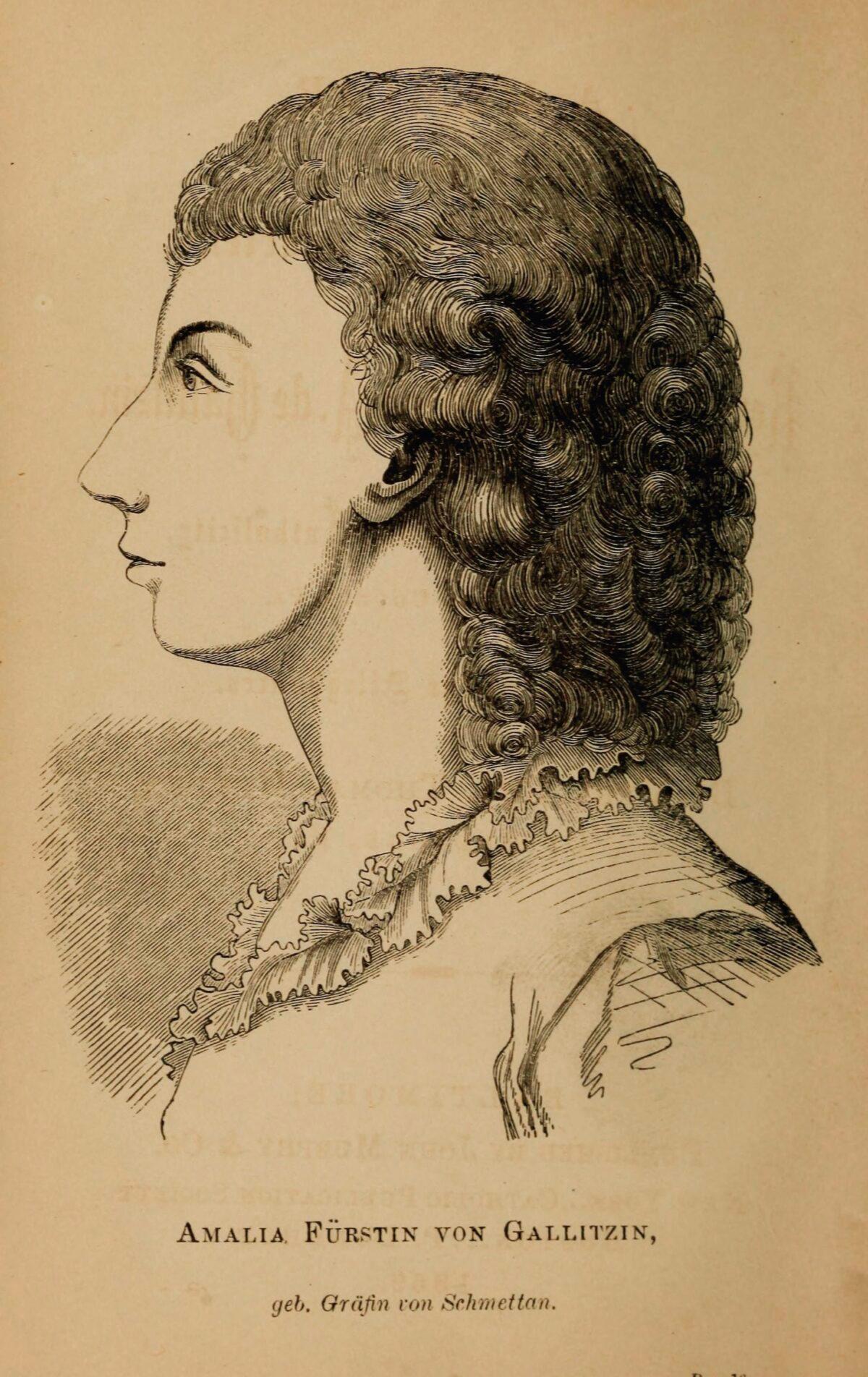 Profile of Princess Adelheid Amalie Gallitzin, from “Memoir on the Life and Character of the Rev. Prince Demetrius A. de Gallitzin,” 1869, by Thomas Heyden. Library of Congress. (Public Domain)