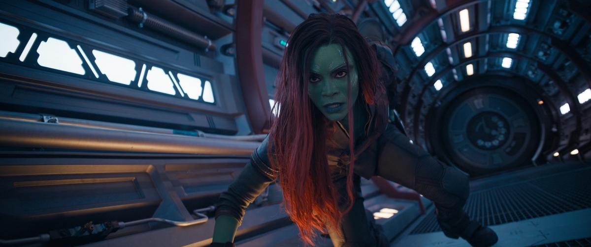 Zoe Saldaña as Gamora, a green cinematic character (as opposed to her blue cinematic character in the "Avatar" series), in "Guardians of the Galaxy Vol. 3." (Marvel Studios)