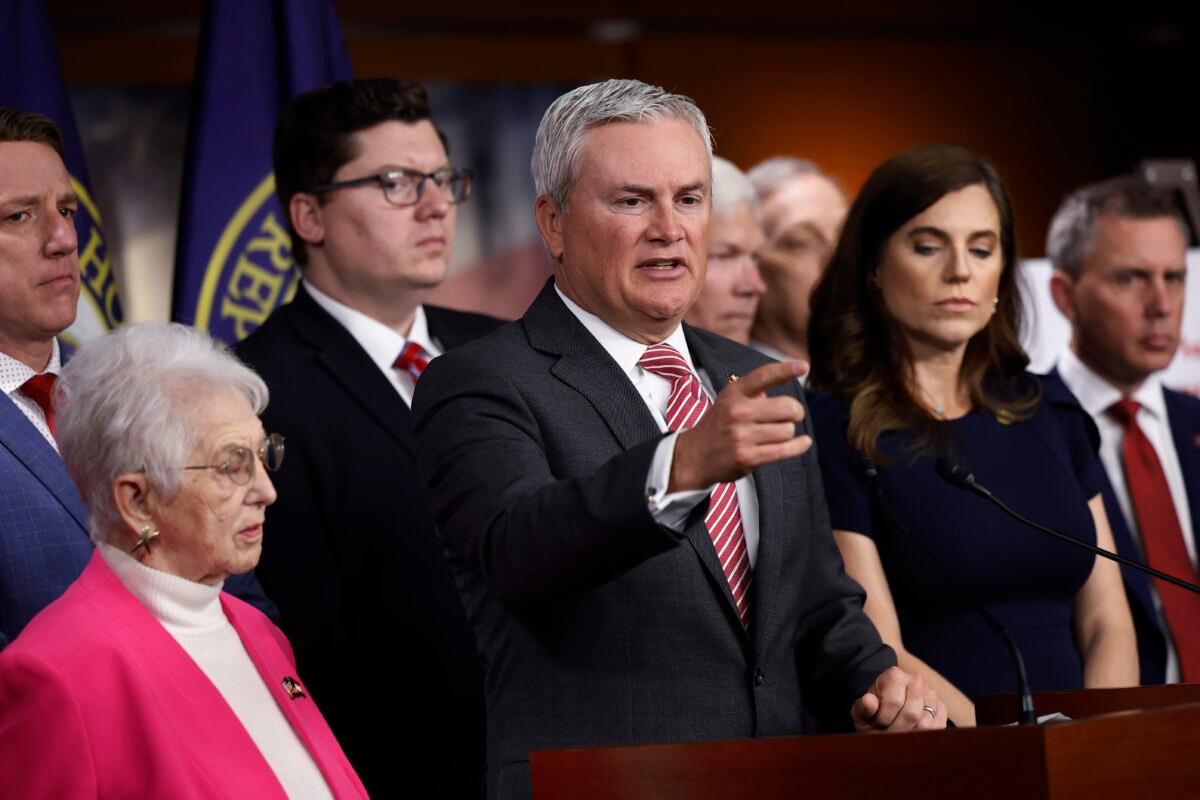 House Oversight and Accountability Committee Chairman James Comer (R-Ky.) and other Republican members of the committee hold a news conference to present preliminary findings into their investigation into President Joe Biden's family on May 10, 2023, in Washington. (Chip Somodevilla/Getty Images)