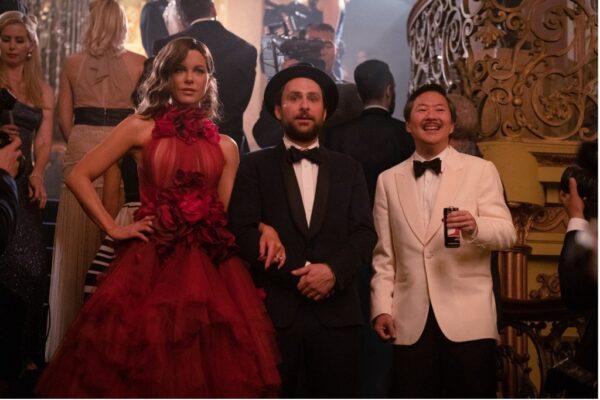 (L–R) Christiana (Kate Beckinsale), Latté Pronto (Charlie Day), and Kenny (Ken Jeong), in “Fool’s Paradise.” (Roadside Attractions)