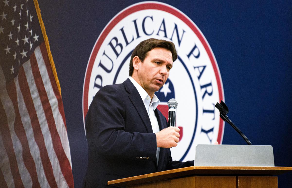 Florida Gov. Ron DeSantis speaks during a GOP reception in Cedar Rapids, Iowa, on May 13, 2023. (Stephen Maturen/Getty Images)