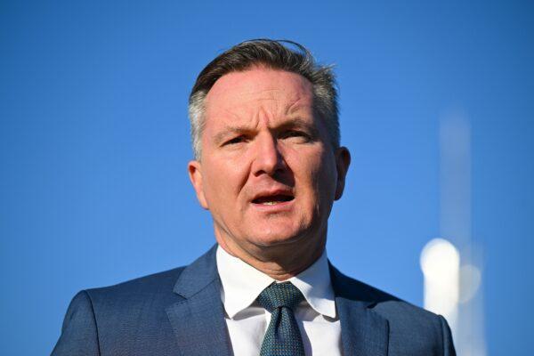 Australian Climate Change and Energy Minister Chris Bowen launches the National Electric Vehicle Strategy at a press conference outside Parliament House in Canberra, Australia, on April 19, 2023. (AAP Image/Lukas Coch)