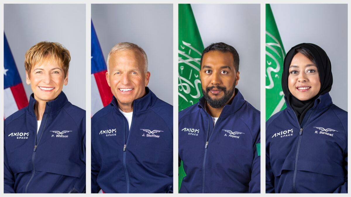 Axiom-2 crew members Commander Peggy Whitson (L), Pilot John Shoffner (2L), and Mission Specialists Ali Alqarni (2R), and Rayyanah Barnawi (R). (Axiom Space via AP)