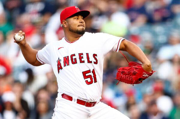 Jaime Barria (51) of the Los Angeles Angels throws against the Boston Red Sox in the first inning at Angel Stadium of Anaheim in Anaheim, Calif., on May 22, 2023. (Ronald Martinez/Getty Images)