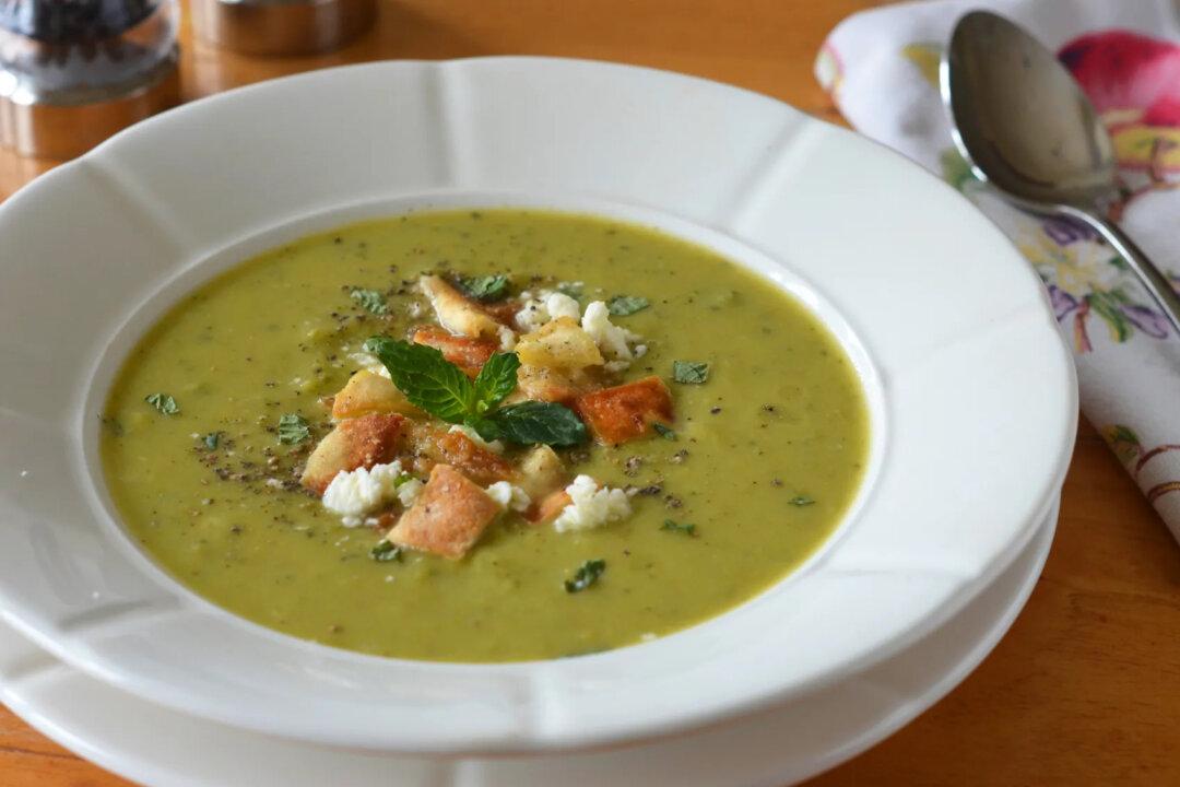 Green Pea and Asparagus Soup With Feta, Mint, and Pita Croutons