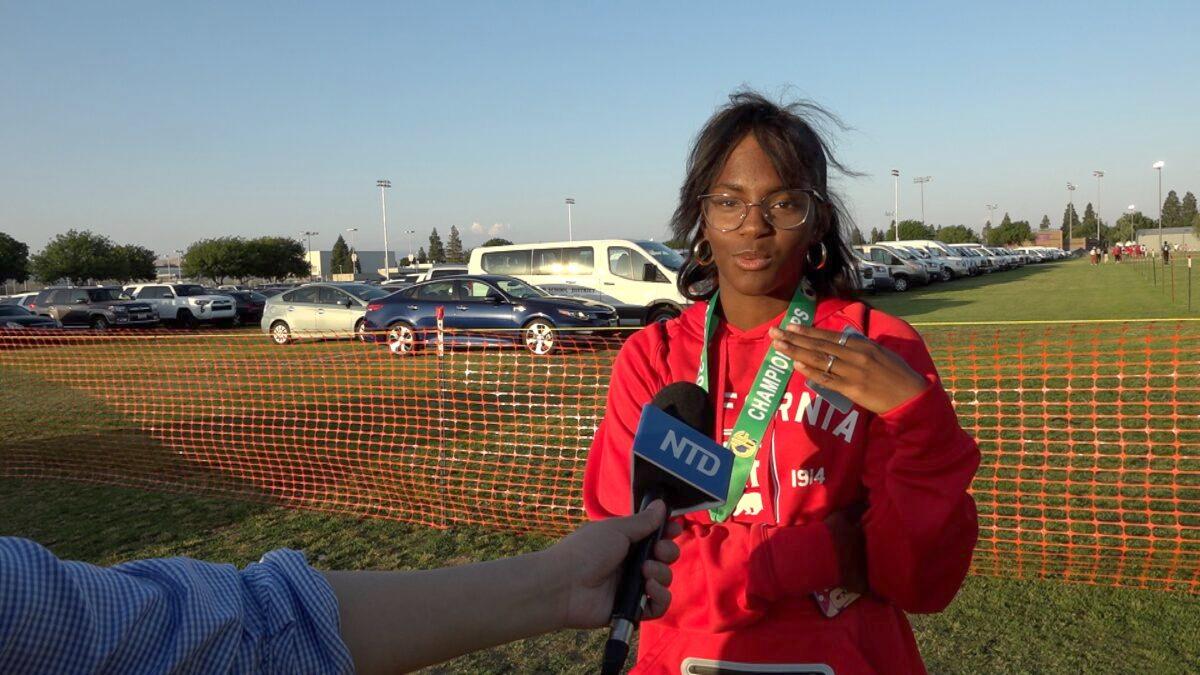 Sanaiya Watkins, a female athlete from Quartz Hill High School, Palmdale, Calif. participates at the State Track and Field Championships at Buchanan High School in Clovis, Calif., on May 27, 2023. (Ted Lin/NTD)