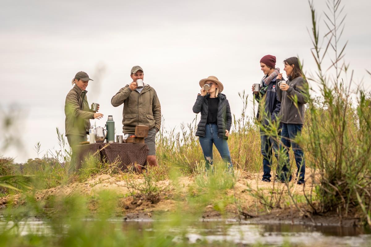 Tourists take a break from a game drive to enjoy coffee in the wilds of Klaserie Private Nature Reserve, South Africa. (Klaserie Drift Safari Camps)