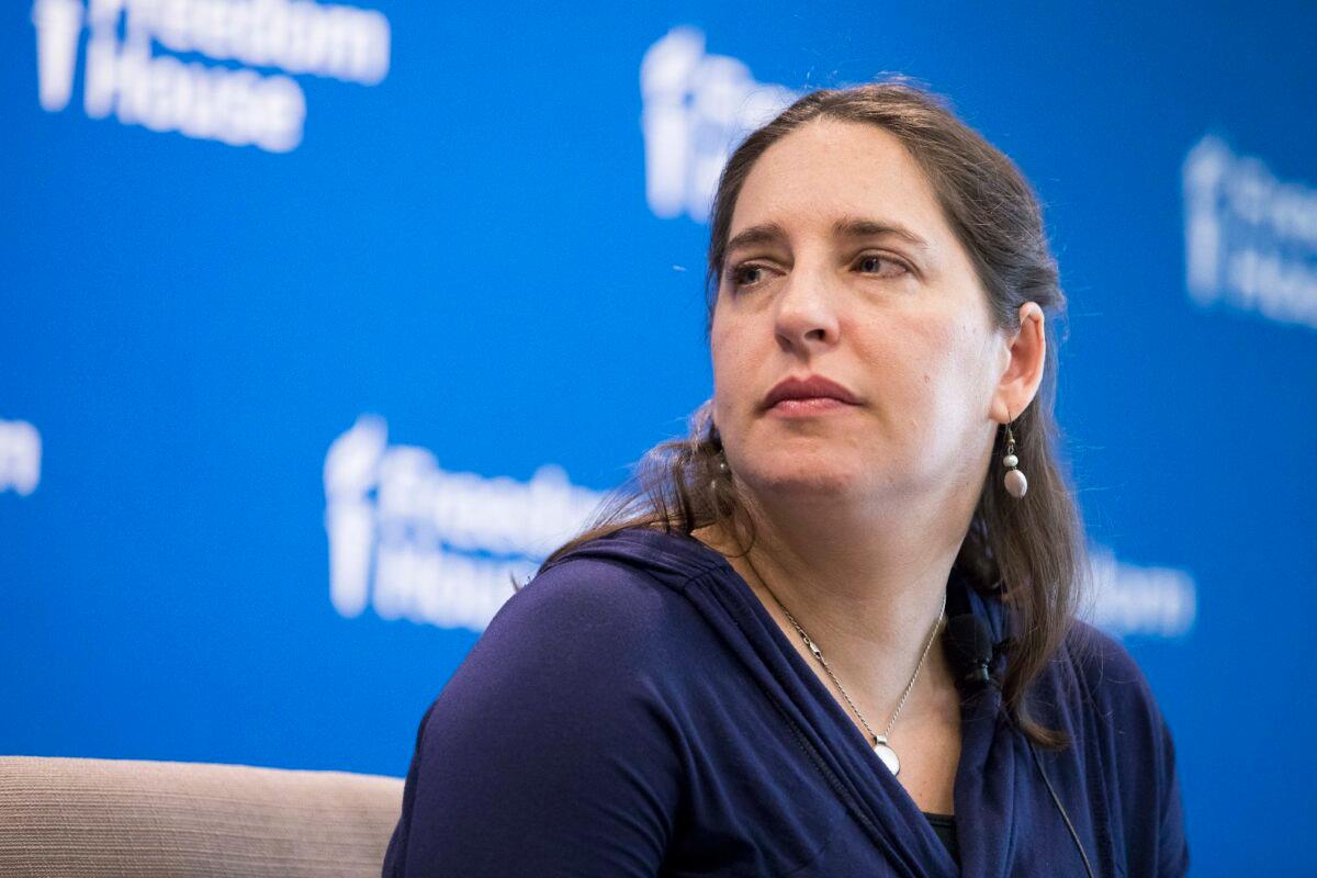 Sarah Cook, senior research analyst for East Asia at Freedom House, at a panel discussion on "Forbidden Feeds: Government Controls on Social Media in China" at the Freedom House in Washington on March 19, 2018. (Samira Bouaou/The Epoch Times)
