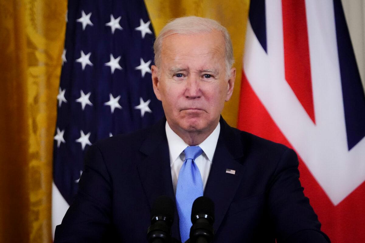 U.S. President Joe Biden at a press conference with UK Prime Minister Rishi Sunak in the East Room of the White House in Washington on June 8, 2023. (Madalina Vasiliu/The Epoch Times)
