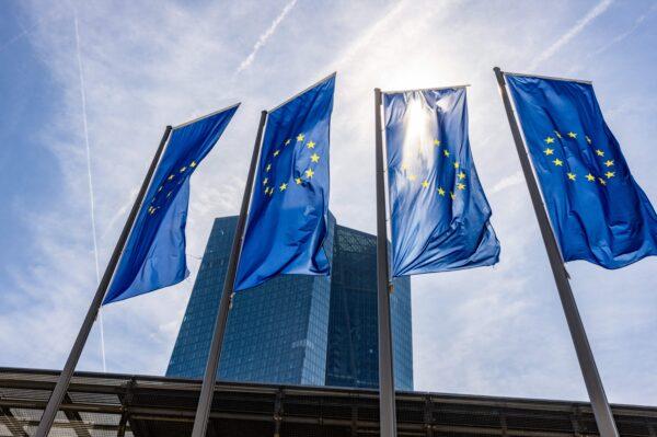 European flags fluttering in front of the European Central Bank before a press conference on the eurozone's monetary policy, in Frankfurt am Main, western Germany on May 4, 2023. (Andre Pain/AFP via Getty Images)