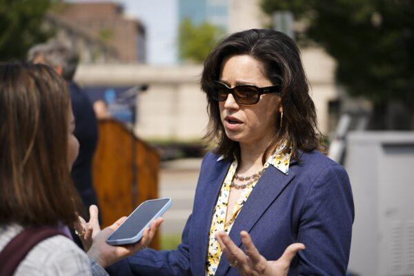 Elizabeth Edwards Spalding, Chairman of the Victims of Communism Memorial Foundation (VOC) and Founding Director of the Victims of Communism Museum speaks with an Epoch Times reporter during the 16th annual roll call of nations wreath-laying ceremony convened with embassies, representatives of captive nations, and human rights organizations at the Victims of Communism Memorial in Washington on June 9, 2023. (Madalina Vasiliu/The Epoch Times)