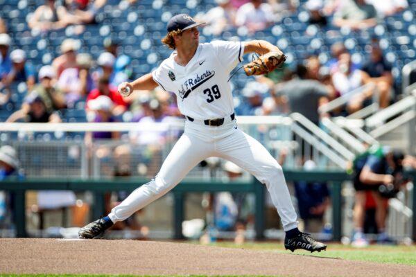 Oral Roberts pitcher Brooks Fowler (39) throws a pitch in the first inning against TCU in a baseball game at the NCAA College World Series in Omaha, Neb., on June 20, 2023. (John Peterson/AP Photo)