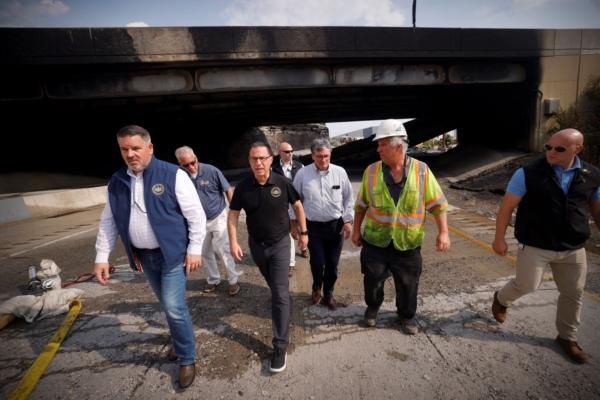 Gov. Josh Shapiro, along with officials from the Shapiro Administration, the City of Philadelphia, and the Southeastern Pennsylvania Transportation Authority, provide an update on the emergency response to the vehicle fire on the Route 73/Cottman Avenue ramp under Interstate 95 in Philadelphia, on June 11, 2023. (Commonwealth Media Service)