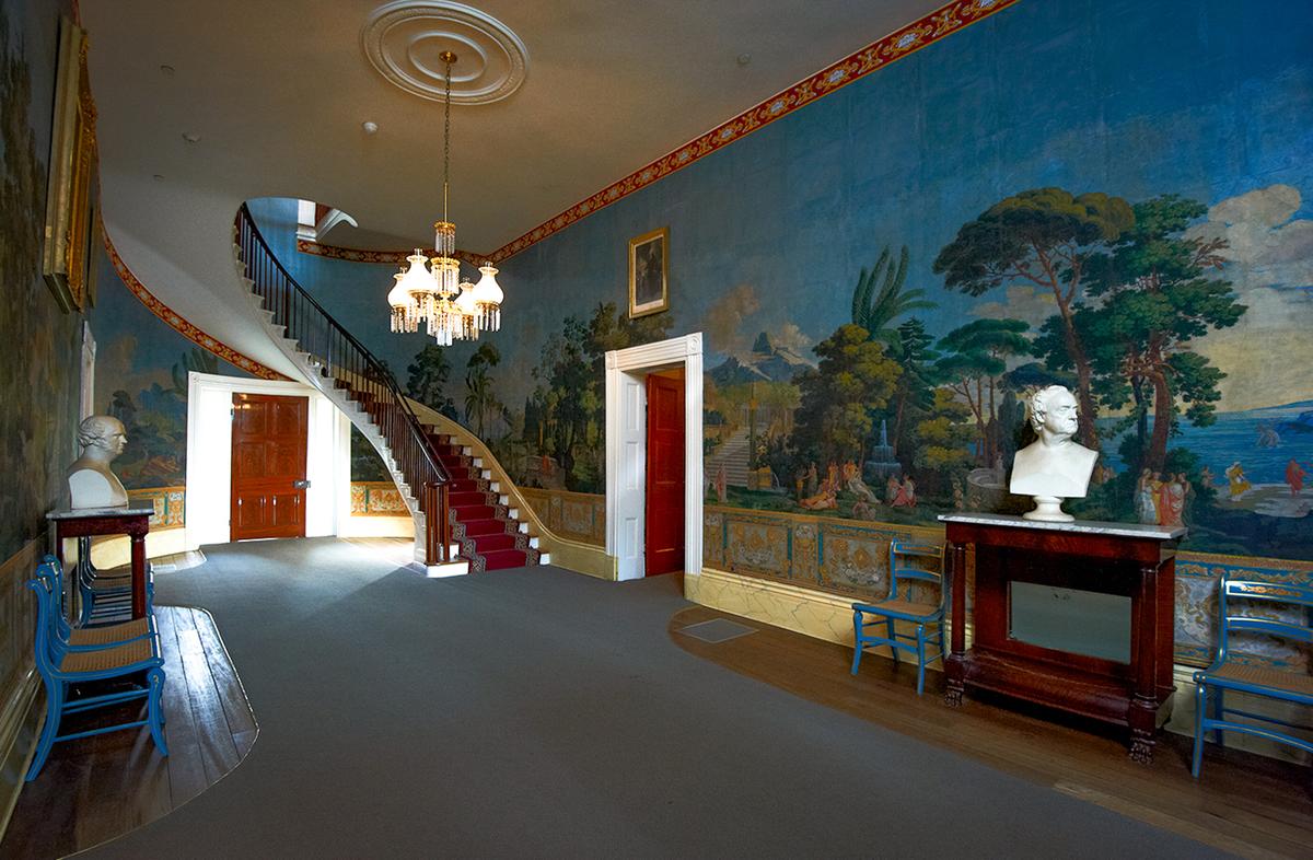 The entrance Hall to the Hermitage with French wallpaper narrating the story of Telemachus’s journey in search for his father Odysseus in Homer’s “Odyssey.” (Courtesy of The Hermitage)
