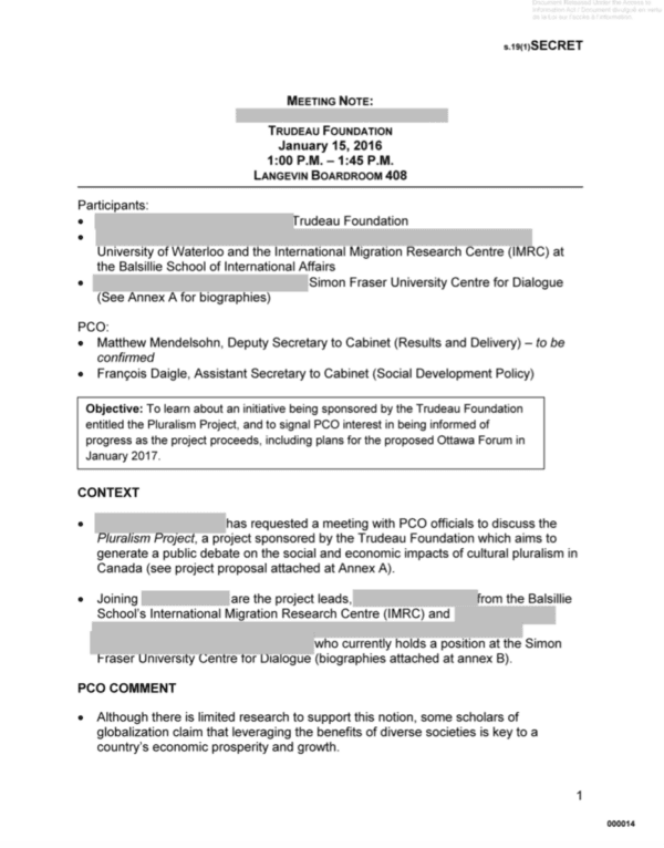 Screenshot of a Privy Council Office document obtained through an access to information request. (The Epoch Times)