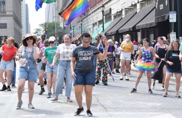 LGBT political activists participate in a dance protest of the group Moms for Liberty in Philadelphia, Penn. July 1, 2023. (Beth Brelje/Epoch Times)