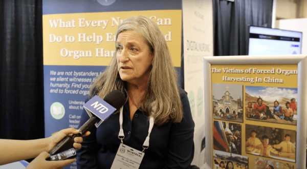 Deborah Collins-Perrica, director of nursing affairs for Nurses Against Forced Organ Harvesting, speaks about China's forced organ harvesting during the 2023 INC Congress, held in Montreal, Quebec, on July 4, 2023. (Yi Ke/NTD)