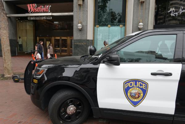 A Bay Area Rapid Transit (BART) police car sits parked in front of the Westfield San Francisco Centre in San Francisco, California, on June 14, 2023. (Justin Sullivan/Getty Images)