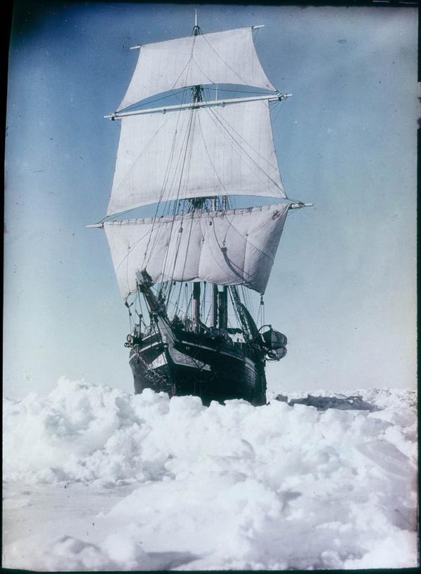 Endurance under sail trying to break through pack ice, Weddell Sea, Antarctica, 1915, by Frank Hurley, from original Paget Plate, 1914–1915, State Library New South Wales. (Public Domain)