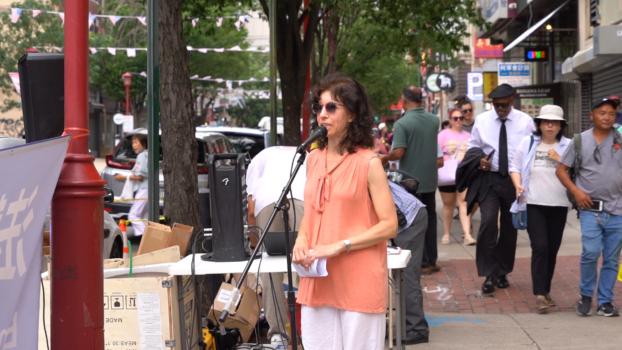 Jessica Russo, a member of Doctors Against Forced Organ Harvesting (DAFOH.org) spoke at the Philadelphia Chinatown rally on July 15, 2023. (William Huang/The Epoch Times)