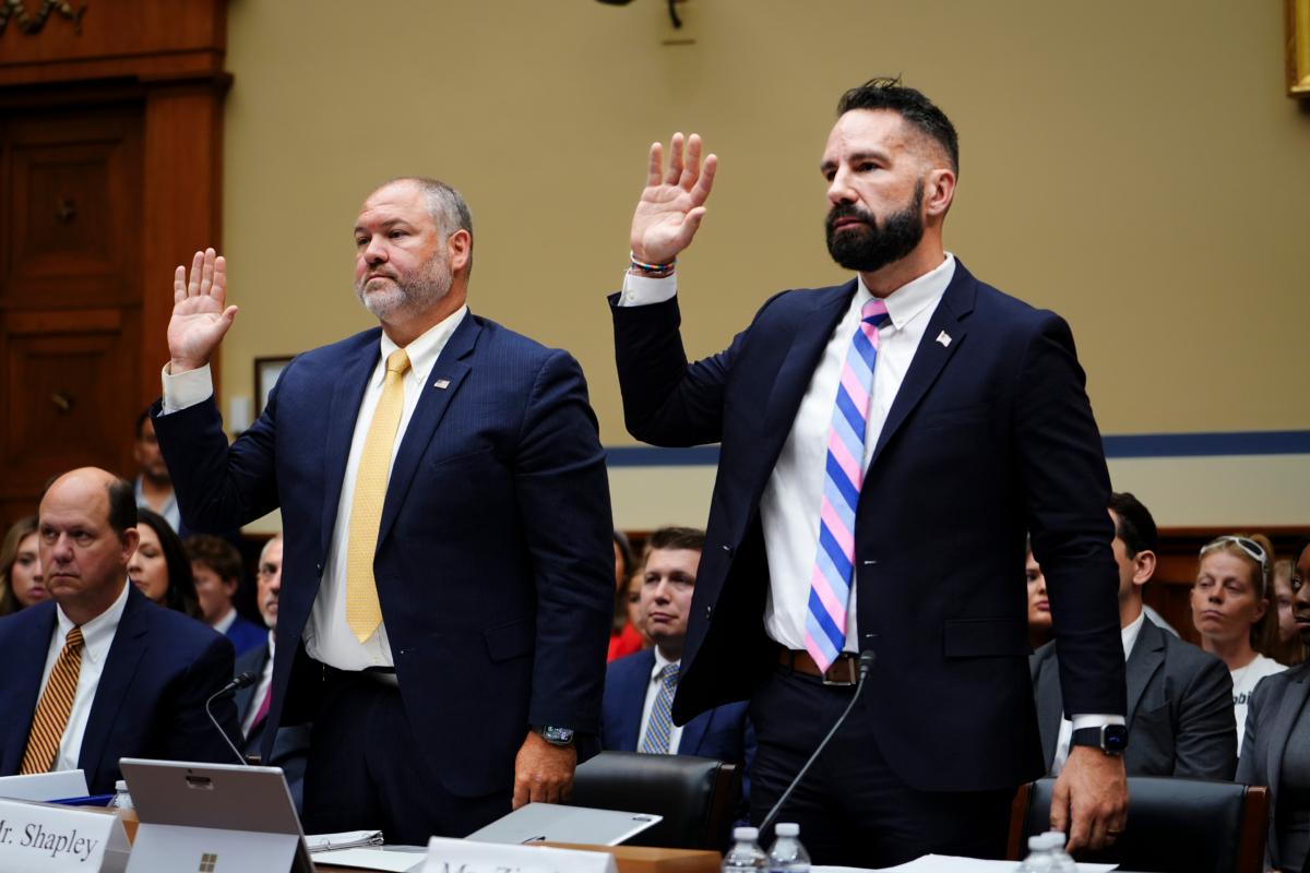 Whistleblowers IRS Supervisory Special Agent Gary Shapley (left) and IRS Criminal Investigator Joseph Ziegler (right) swear before the Full Committee on Oversight and Accountability at a hearing about the Biden Criminal Investigation at the U.S. Congress in Washington on July 19, 2023. (Madalina Vasiliu/The Epoch Times)