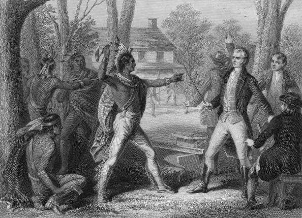 Gen. William Henry Harrison (R), later the ninth president of the United States, tries to avoid a diplomatic incident during a meeting with Shawnee leader Tecumseh at Vincennes, Ind., August 1810. Engraved by W. Ridgway after Chapin. (Kean Collection/Getty Images)