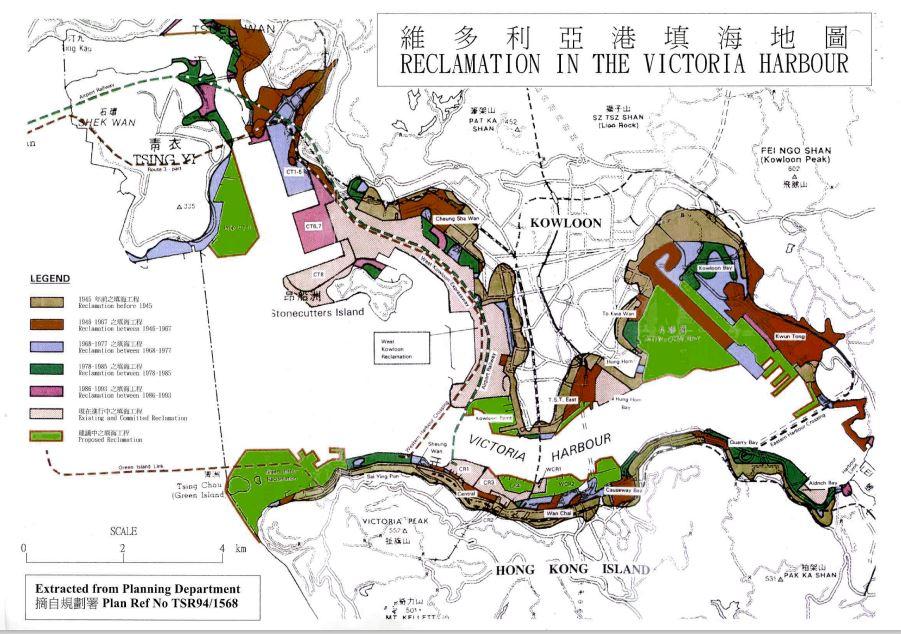 Enactment of the Protection of the Harbour Ordinance (PHO) in 1997 successfully stopped five reclamation projects in the former British HK Government’s 1994 “Reclamation Plan” (highlighted in yellow - CR4, WCR2, Causeway Bay, Kowloon Point, and T.S.T. East) that would turn the iconic Victoria Harbour into a mere sea channel only 800 meters wide. (Press Conference Handout— “Extracted from Planning Department, Plan Ref No TSR94/1568”)